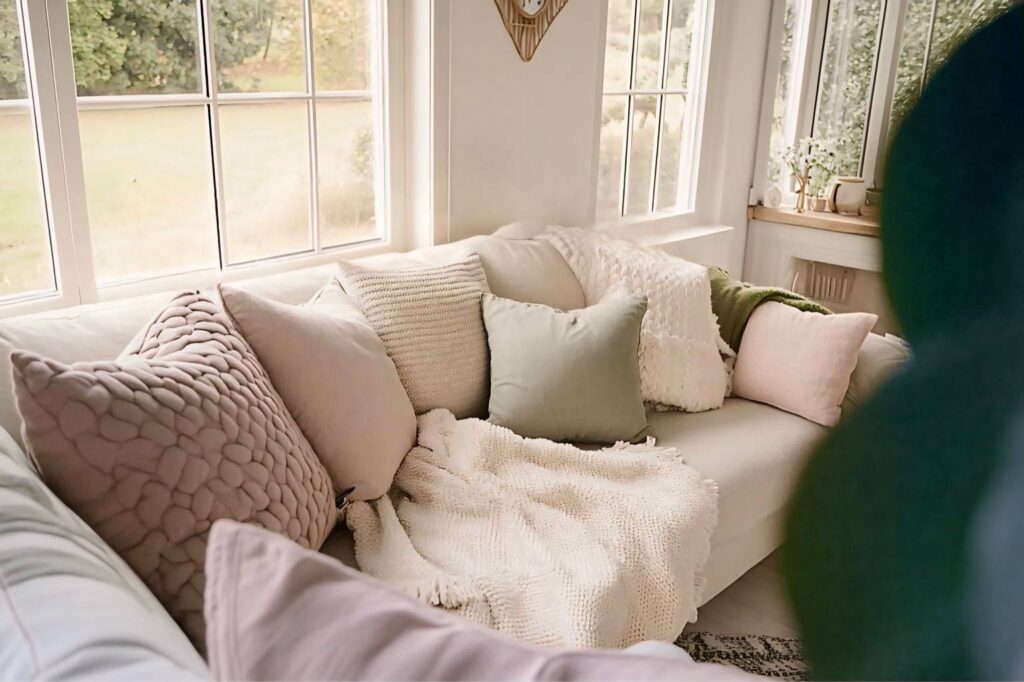 A cozy sunlit corner with a plush sectional sofa, layered with pastel pillows and soft knitted blankets, framed by large windows overlooking greenery. no-save