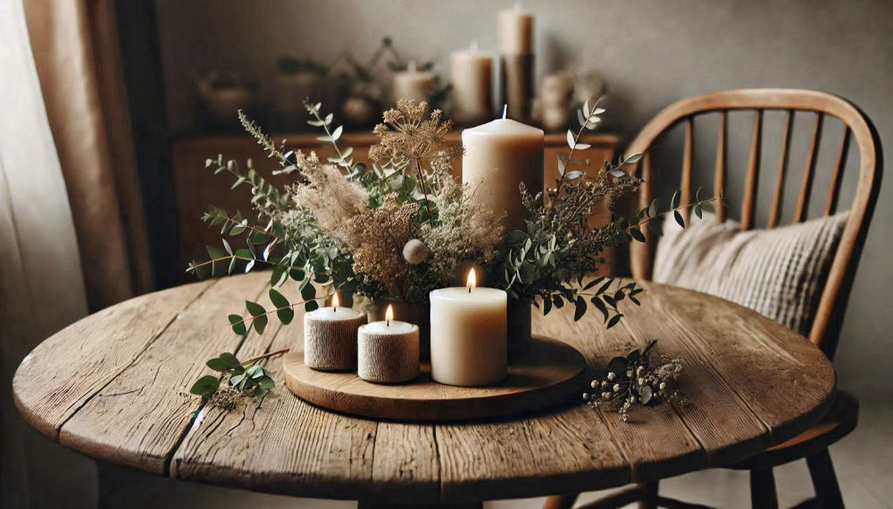 A rustic wooden table decorated with a round wooden tray holding pillar candles and a lush arrangement of dried flowers and greenery. Soft, natural lighting highlights the warm, earthy tones of the setup, creating a cozy and serene atmosphere. no-save