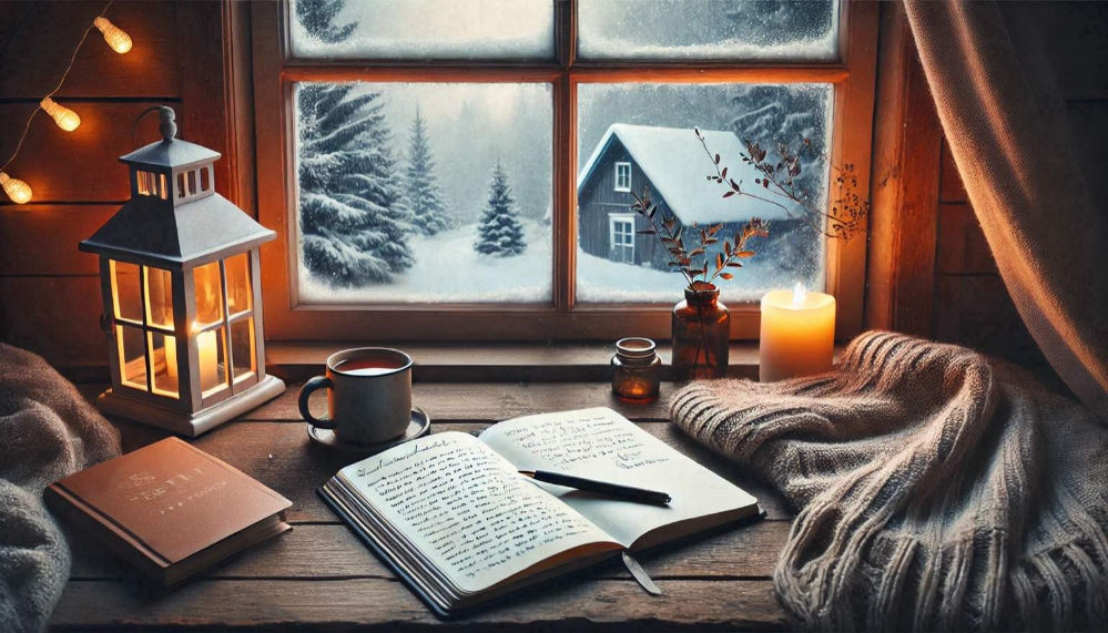 A cozy winter scene by a wooden window overlooking a snow-covered cabin and pine trees. The table is adorned with a lit candle, a steaming cup of tea, an open journal with handwritten notes, and a warm knit blanket. A lantern emits a soft glow, enhancing the tranquil and inviting atmosphere. no-save