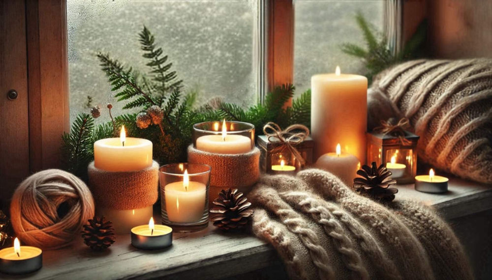 A cozy winter windowsill adorned with glowing candles, pinecones, knitted textures, and fresh greenery, creating a serene and inviting seasonal ambiance. no-save
