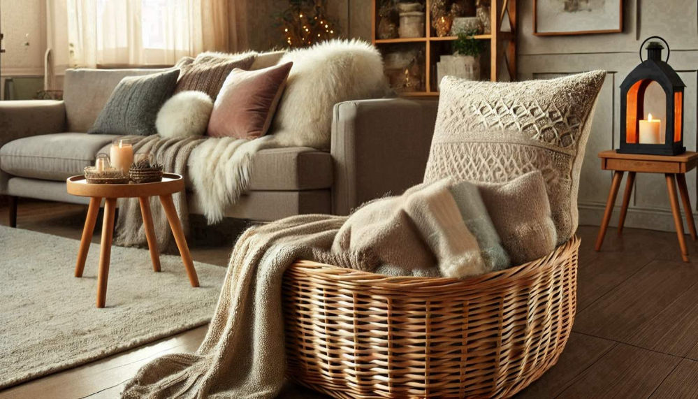 A cozy living room corner featuring a wicker basket filled with soft knit blankets, a side table with candles, and a glowing lantern on a wooden stool. Neutral tones and textures create a warm and inviting ambiance. no-save