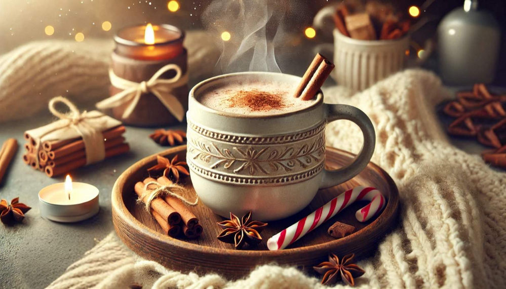 A cozy ceramic mug filled with steaming hot cocoa, garnished with cinnamon sticks, surrounded by festive elements like star anise, a candy cane, and a lit candle. Soft blankets and warm light create a comforting winter atmosphere. no-save