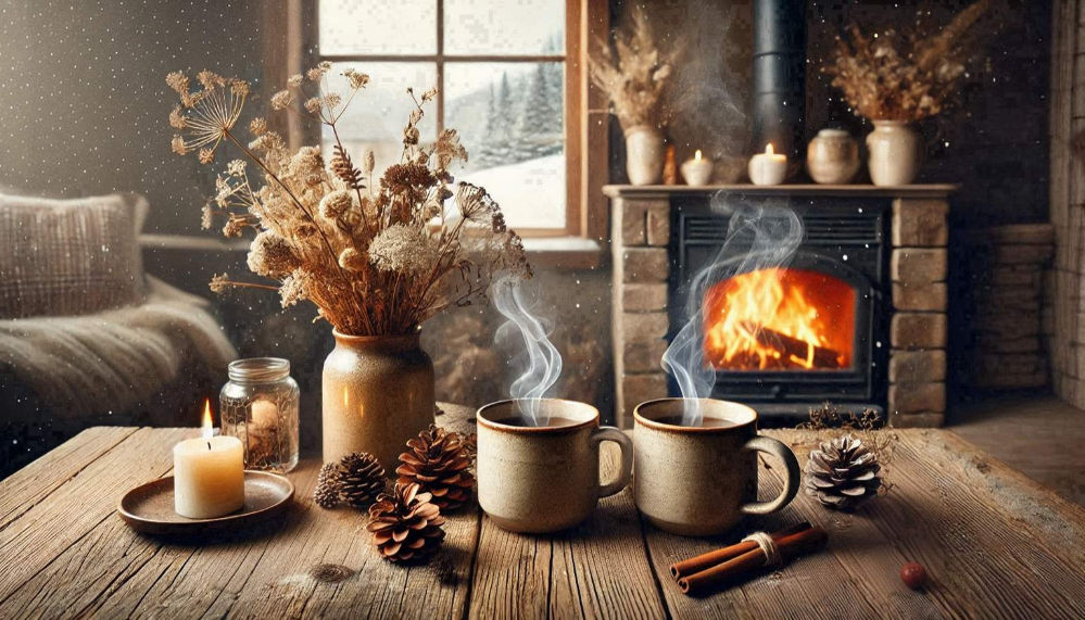 A rustic wooden table adorned with steaming ceramic mugs of hot cocoa, a lit candle, pinecones, cinnamon sticks, and a dried flower arrangement in a vase. In the background, a cozy fireplace glows warmly, surrounded by ceramic pots and a snow-dusted window view. The perfect setting for a peaceful winter retreat. no-save