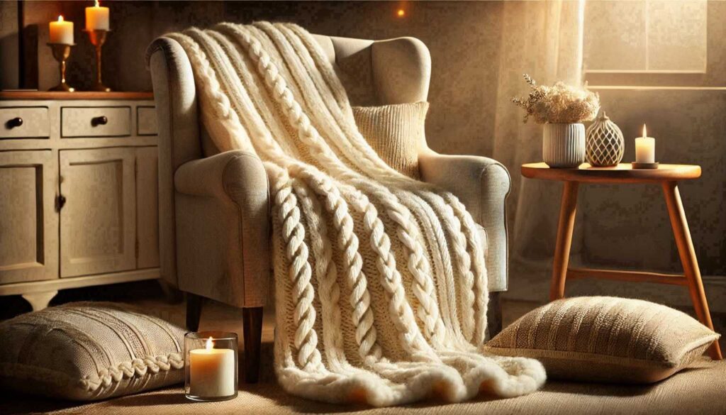 A cozy armchair with a beige knitted blanket draped over it, a small wooden table with a steaming mug, candle, and dried flowers, and warm lighting in the background. no-save