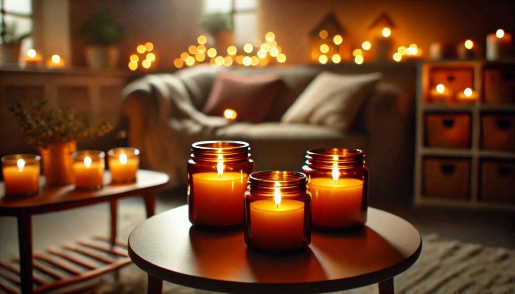 Must-have amber glass candles glowing on a small coffee table, with a cozy living room setting in the background. no-save