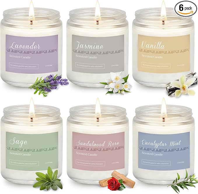 A set of six scented candles in glass jars, featuring relaxing fragrances: Lavender, Jasmine, Vanilla, Sage, Sandalwood Rose, and Eucalyptus Mint. Each candle is beautifully labeled with soft pastel colors and accompanied by matching botanical elements for a soothing ambiance. no-save