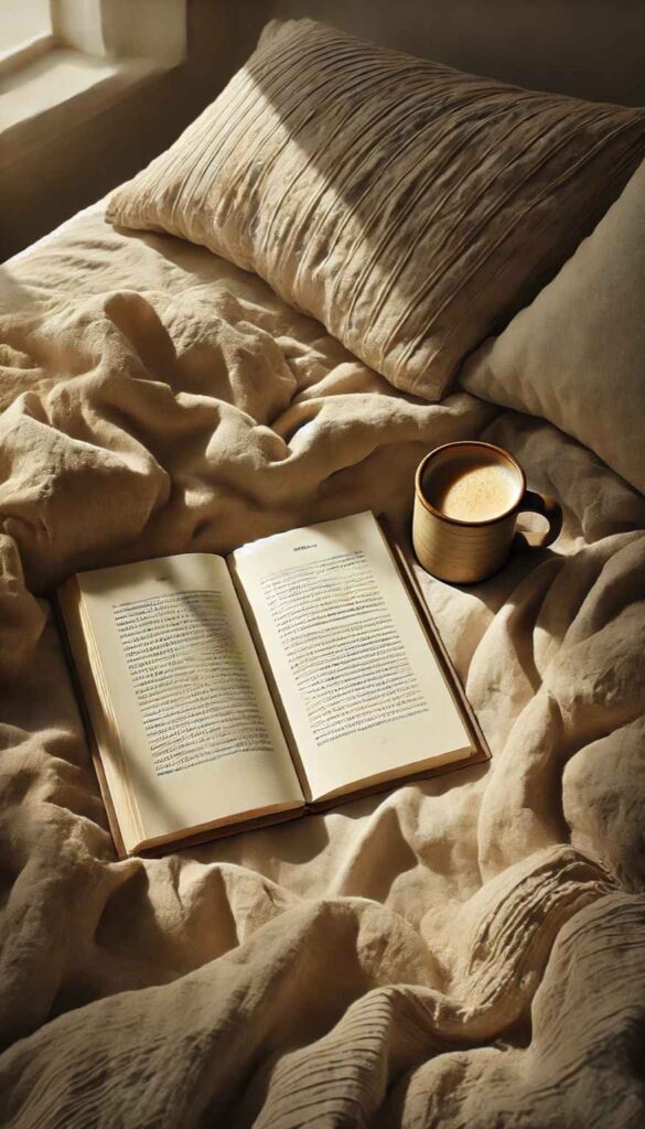 A cozy bedroom scene with soft beige bedding, featuring an open book and a steaming cup of coffee resting on the crumpled duvet. Sunlight gently streams through the window, casting warm shadows, creating a peaceful and inviting atmosphere perfect for quiet moments of relaxation. no-save