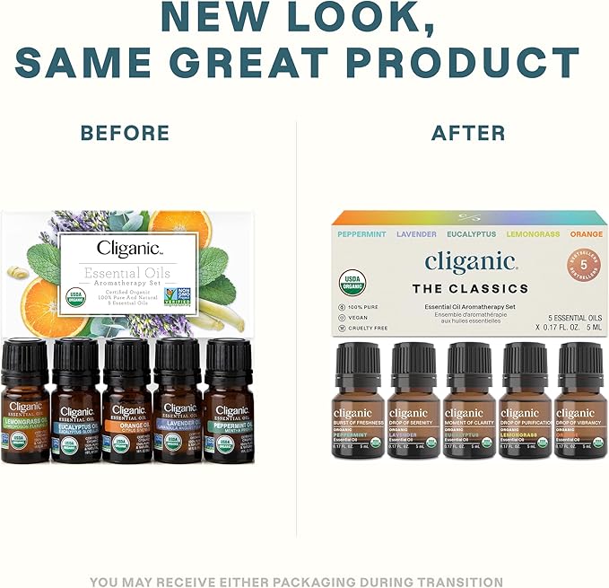 Comparison of Cliganic essential oil set packaging, showing the old design on the left and the new updated design on the right. no-save