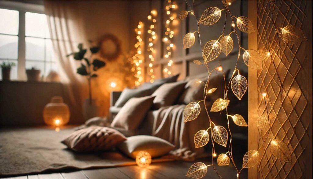 Golden leaf-shaped string lights draped over a cozy corner with pillows and ambient lighting. no-save