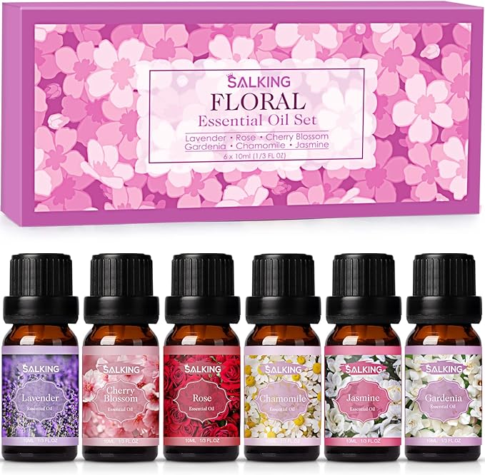 SALKING Floral Essential Oil Set featuring six 10ml bottles of lavender, rose, cherry blossom, gardenia, chamomile, and jasmine oils in a pink floral box. no-save