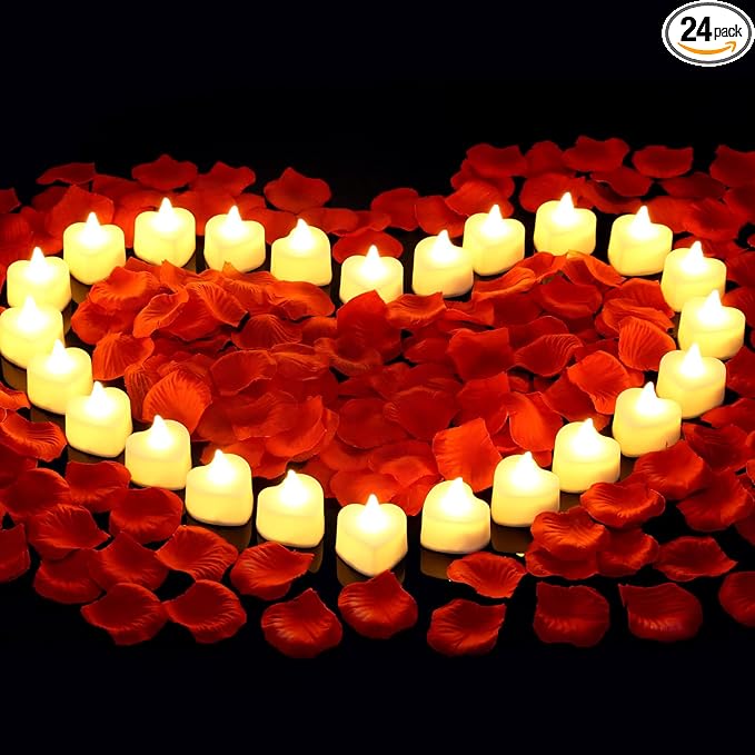 A romantic set featuring 2000 artificial rose petals and 24 warm white tea lights, ideal for creating heartfelt displays or special occasions. no-save