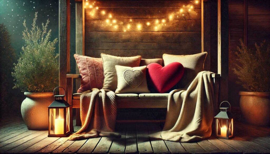 A cozy outdoor nook with warm fairy lights, heart-shaped pillows, and glowing lanterns creating a romantic and inviting atmosphere. no-save