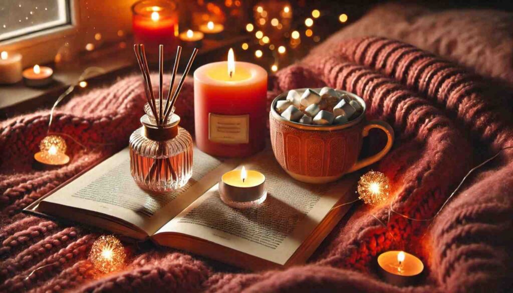 A serene setting with a knit blanket, lit candles, a diffuser, and a warm mug of cocoa on an open book, radiating coziness and relaxation. no-save