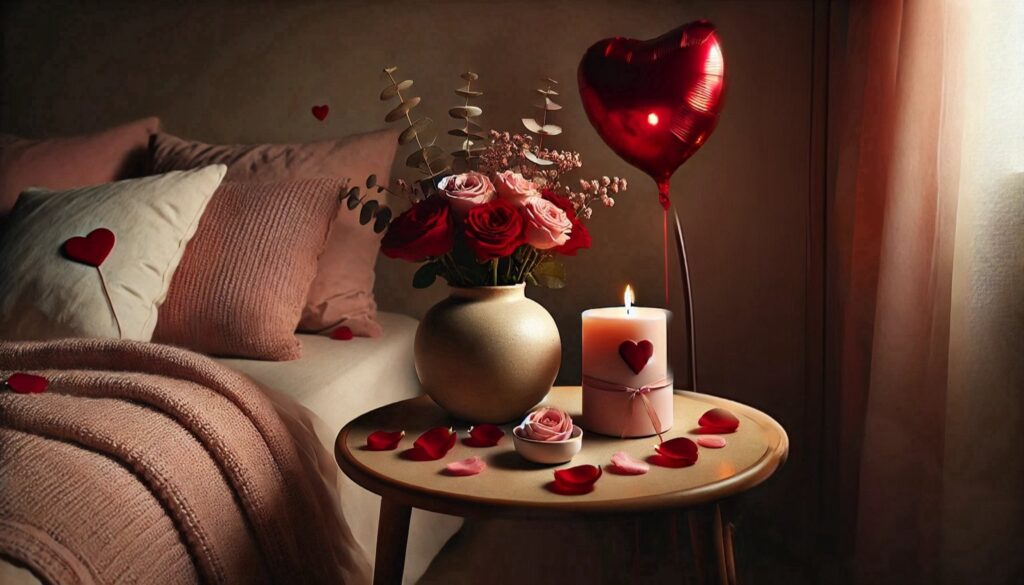 A cozy bedroom setting with heart-shaped pillows, a vase of roses, a lit candle, and rose petals on the bed and table, creating a warm, romantic atmosphere. no-save