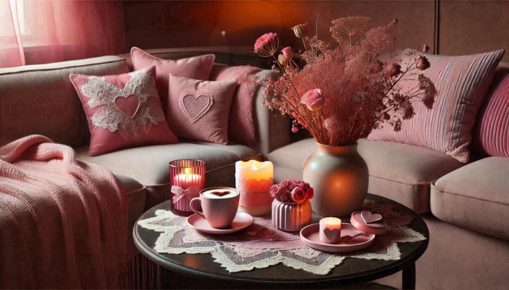 A cozy living room nook with pink pillows, a knit blanket, glowing candles, and a vase of dried flowers, creating a romantic and inviting atmosphere. no-save