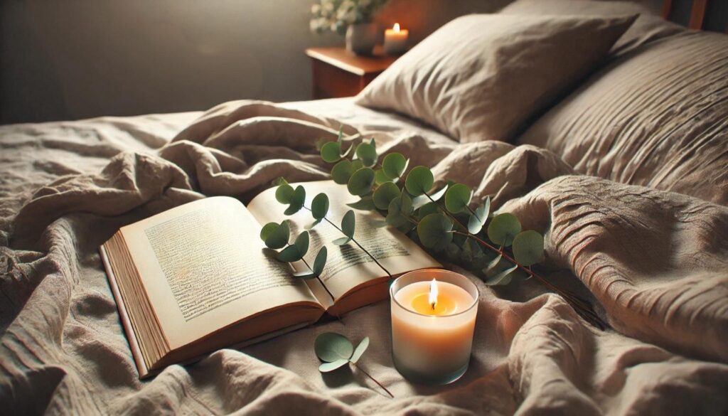 An open book, a lit candle, and eucalyptus leaves rest on soft linen bedding, creating a peaceful hygge-inspired bedroom retreat.