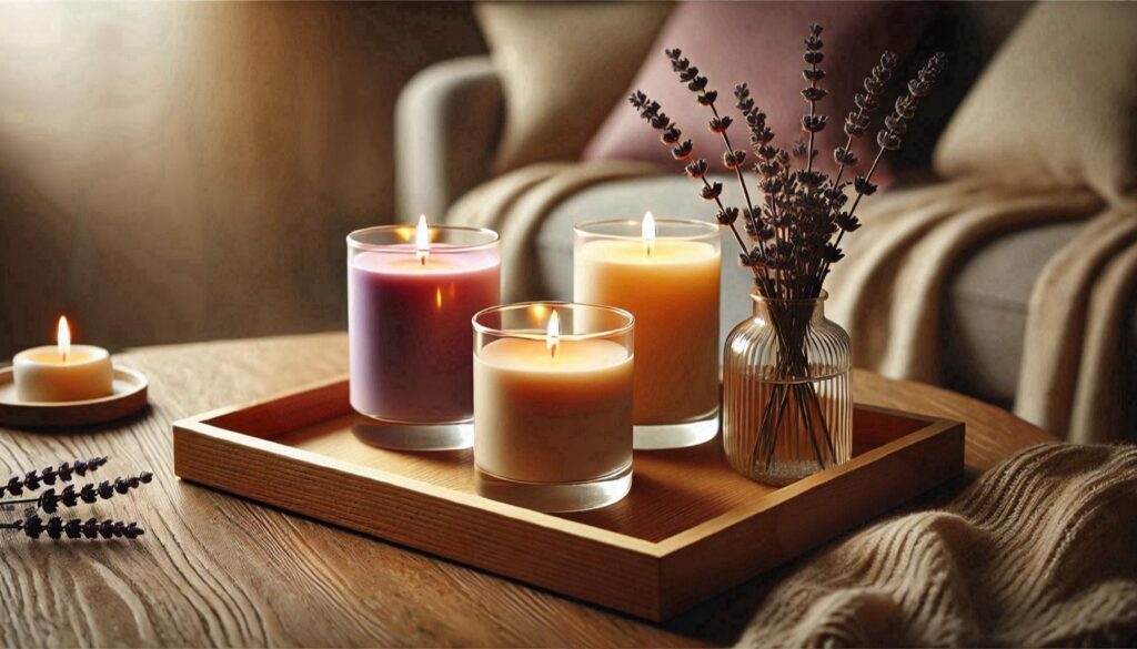 Three candles illuminating softly on a wooden tray, accompanied by lavender and a serene atmosphere. no-save