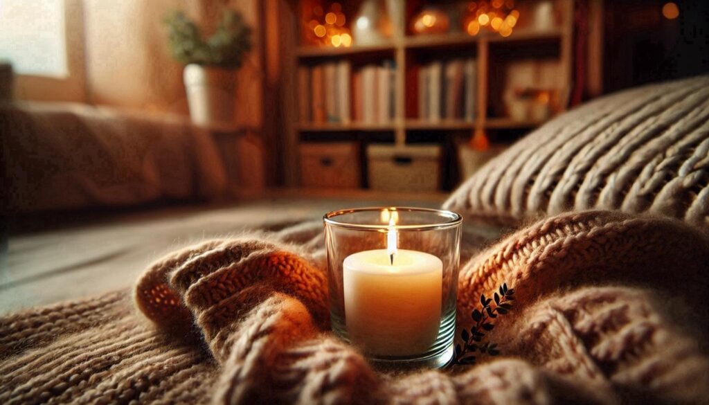 A single candle glowing softly on a cozy knitted blanket, surrounded by a peaceful, warm atmosphere. no-save