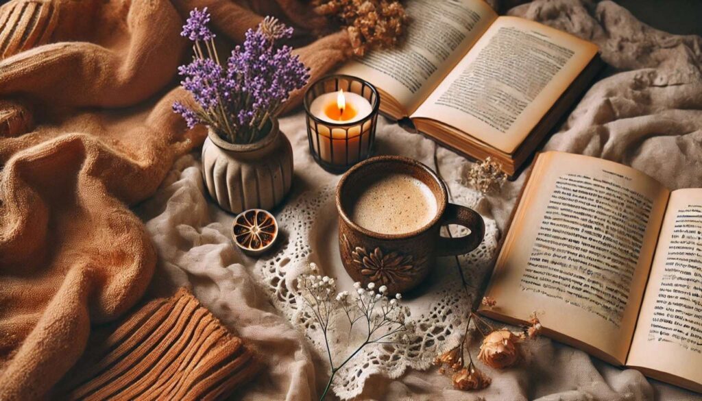 A peaceful setting with a cup of coffee, a lit candle, dried flowers, and open books, creating a cozy vibe. no-save