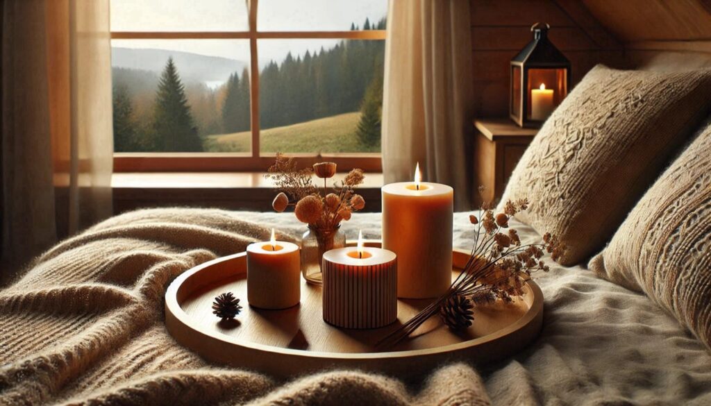 A set of candles on a wooden tray, surrounded by dried flowers, with a breathtaking view of the outdoors through the window. no-save