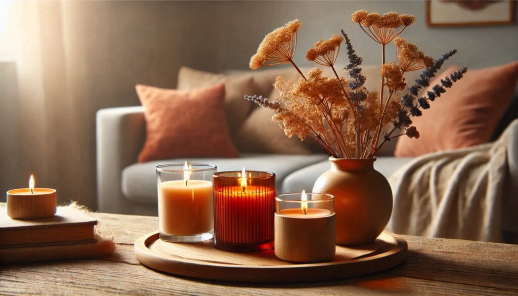 A delicate candle decor arrangement with dried flowers on a wooden tray, creating a serene and calming atmosphere. no-save