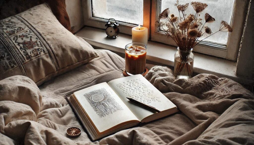 An intimate reading nook with a vintage journal, a flickering candle, and a glass of iced coffee. Wrapped in earthy-toned blankets, the space exudes warmth and nostalgia, perfect for moments of quiet reflection. no-save