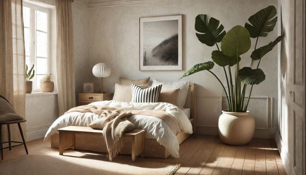 A bright, hygge bedroom with neutral tones, a soft linen bedspread, and a large potted plant adding a touch of nature. Sunlight streams through sheer curtains, casting a warm and inviting glow over the space. no-save