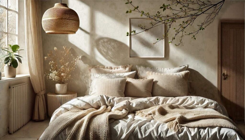 A serene bedroom bathed in warm sunlight, featuring soft linen bedding, textured pillows, and a cozy knit throw. A woven pendant light and delicate dried flowers add a natural, earthy touch to this tranquil retreat. no-save