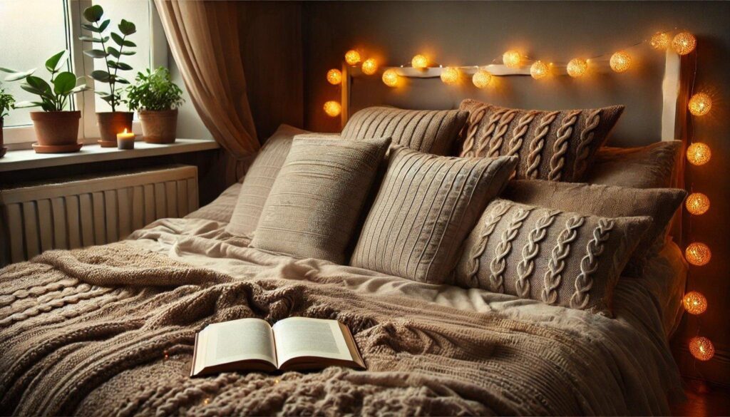 A cozy bed draped in a thick, knitted blanket, bathed in soft morning light. A laptop with a floral wallpaper, a steaming cup of coffee, and an open book create a tranquil, hygge-inspired retreat. no-save