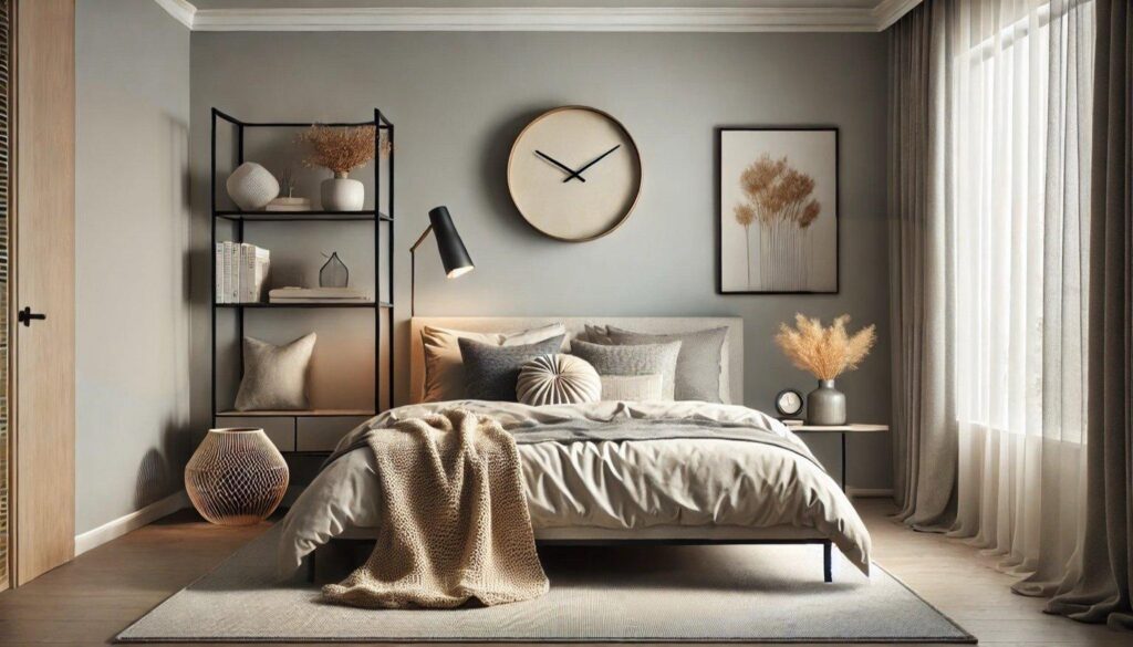 A hygge bedroom in earthy neutral tones, featuring a neatly made bed, soft throw blankets, and a sleek black shelving unit. A large round clock, framed artwork, and warm lighting complete the calm and inviting space. no-save