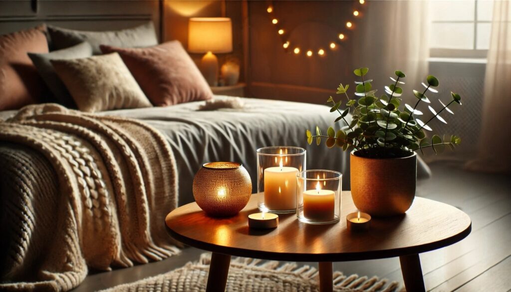 A warm, intimate bedroom scene with a wooden table adorned with flickering candles, a potted eucalyptus plant, and soft, textured fabrics. In the background, a cozy bed with plush pillows and fairy lights enhances the peaceful atmosphere. no-save