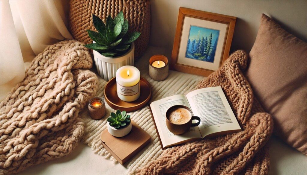 A hygge-inspired reading nook with soft, chunky knit blankets, flickering candles, a steaming cup of coffee, and an open book. Surrounded by warm neutral tones, plush pillows, and a touch of greenery, the scene exudes relaxation and comfort. no-save