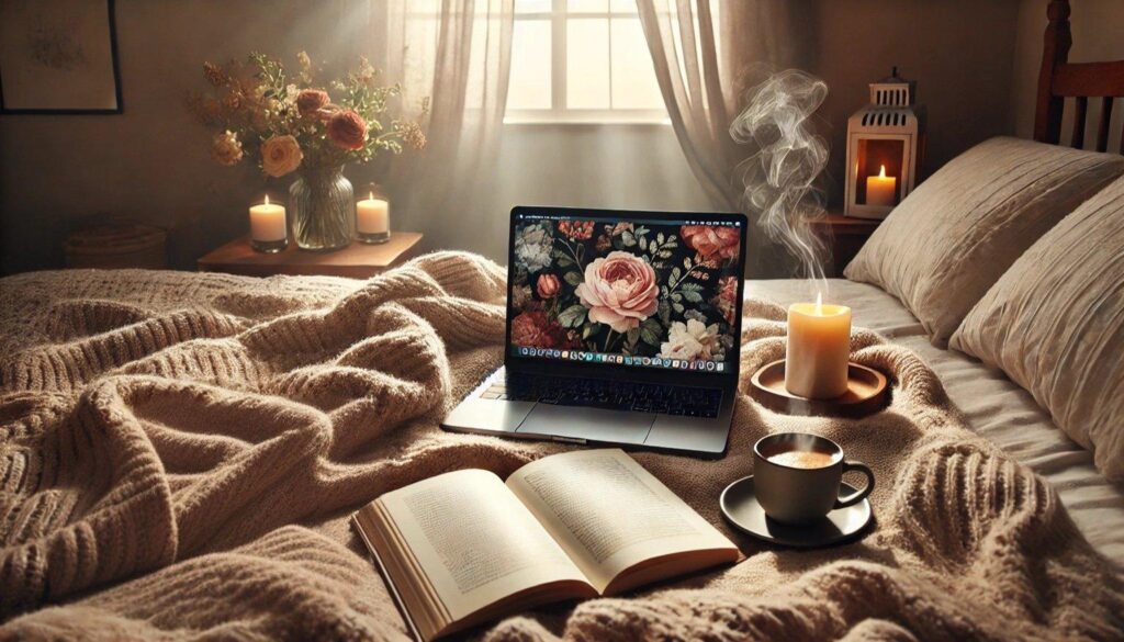 A cozy bed draped in a thick, knitted blanket, bathed in soft morning light. A laptop with a floral wallpaper, a steaming cup of coffee, and an open book create a tranquil, hygge-inspired retreat. no-save