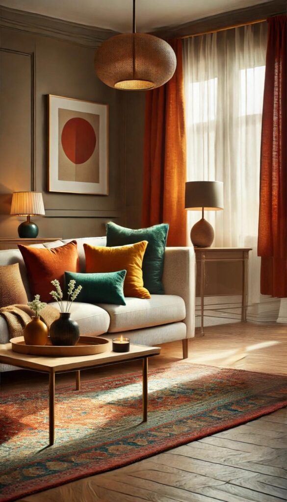 A cozy living room featuring the perfect shades of burnt orange, mustard yellow, and deep green. A neutral sofa with accent pillows, warm lighting, and an elegant vintage rug complete the inviting atmosphere.