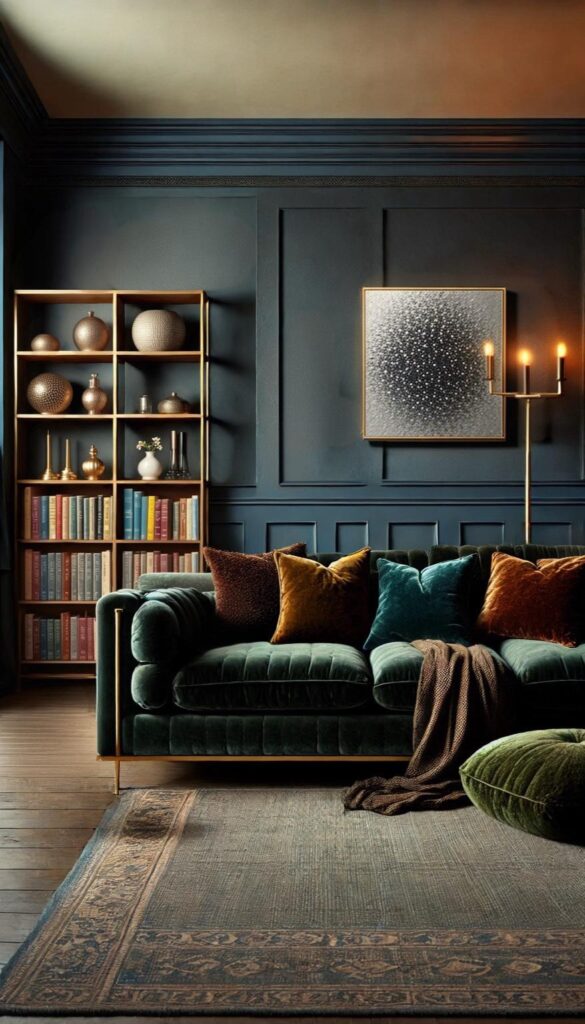 A stylish living room featuring the perfect shades of deep green, navy blue, and warm gold accents. Velvet sofa, elegant decor, and cozy lighting complete the ambiance.