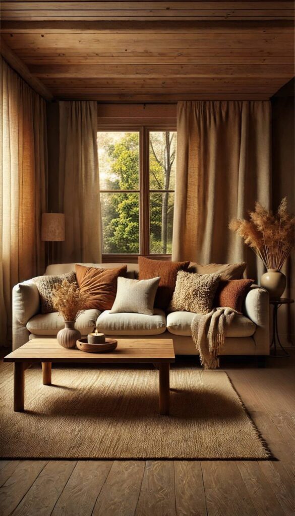 A rustic living room with earthy tones, featuring a beige sofa adorned with textured cushions, a wooden coffee table, and natural decor elements, creating a warm and cozy atmosphere.