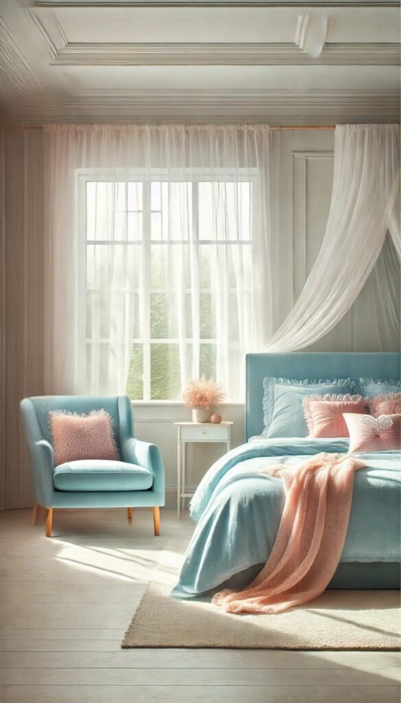 A serene bedroom bathed in soft natural light, featuring pastel blue bedding with pink accent pillows, a cozy armchair, and delicate sheer curtains, creating a tranquil and dreamy atmosphere.