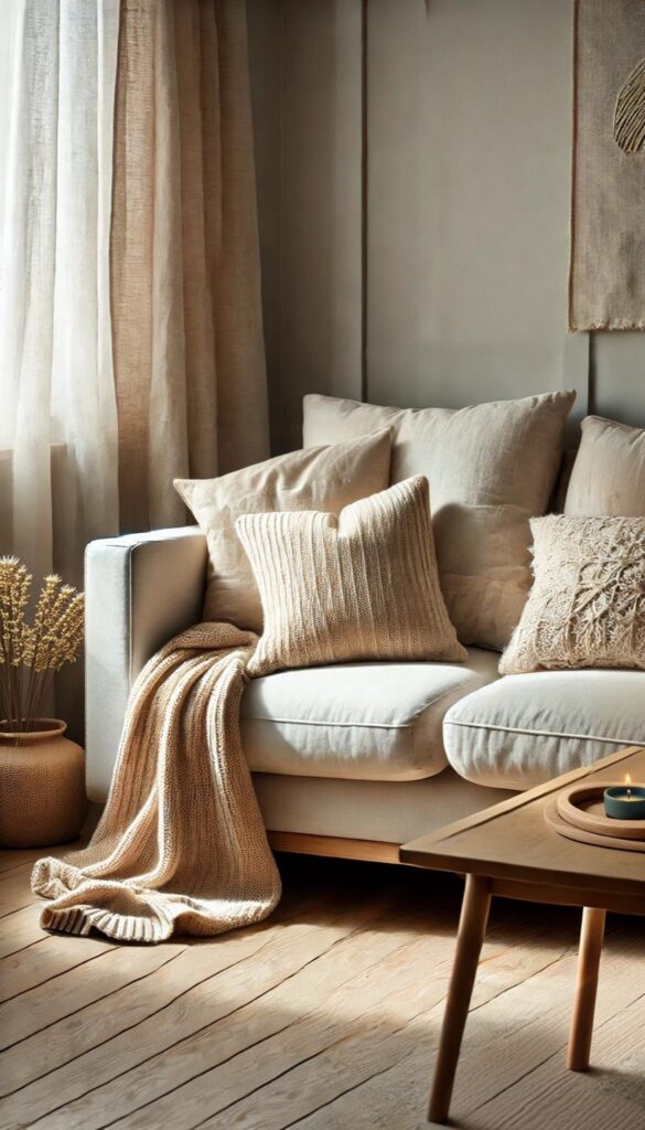 A cozy living room with soft beige tones, featuring a plush sofa adorned with textured and knitted pillows, a warm throw blanket, and natural light streaming through sheer curtains, creating a serene and inviting atmosphere.