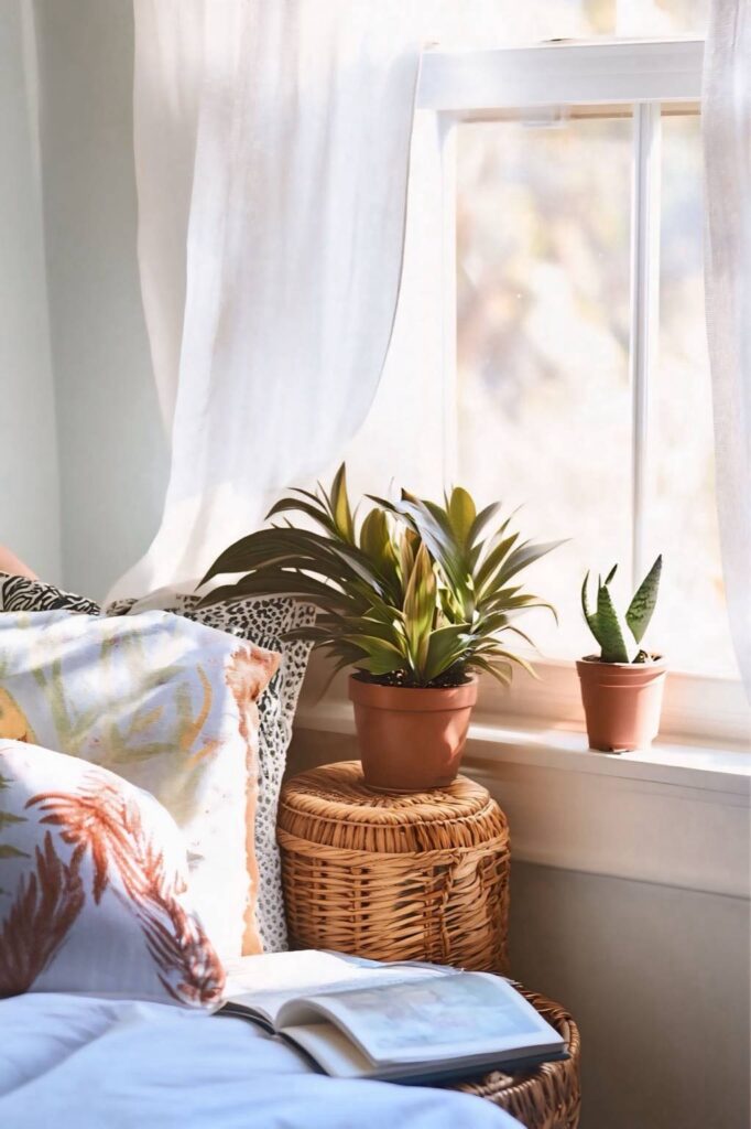 A cozy bedroom corner with a wicker stool, potted plants on the windowsill, and sunlight softly illuminating patterned pillows and an open book, reflecting the gentle shift from winter to spring.