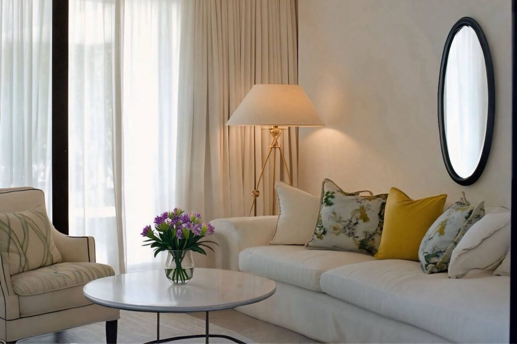 An elegant living room with beige sofas, floral cushions, a gold floor lamp, and a round coffee table with purple flowers, bathed in soft natural light. no-save