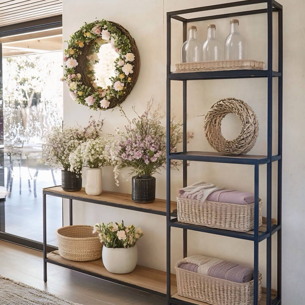 A beautifully styled hallway with floral arrangements, a wicker wreath mirror, and woven baskets on minimalist black metal shelves, exuding a serene and natural vibe.