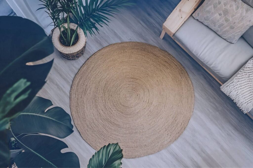 A minimalist living space featuring a round jute rug, lush green plants in woven baskets, and a light wooden sofa with textured pillows, capturing the calming natural atmosphere as it transitions from winter to spring. no-save