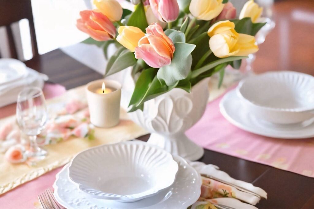 A beautifully set dining table with pastel-colored tulips in an elegant white vase, surrounded by fine white china and a lit candle, creating a warm, inviting ambiance. no-save