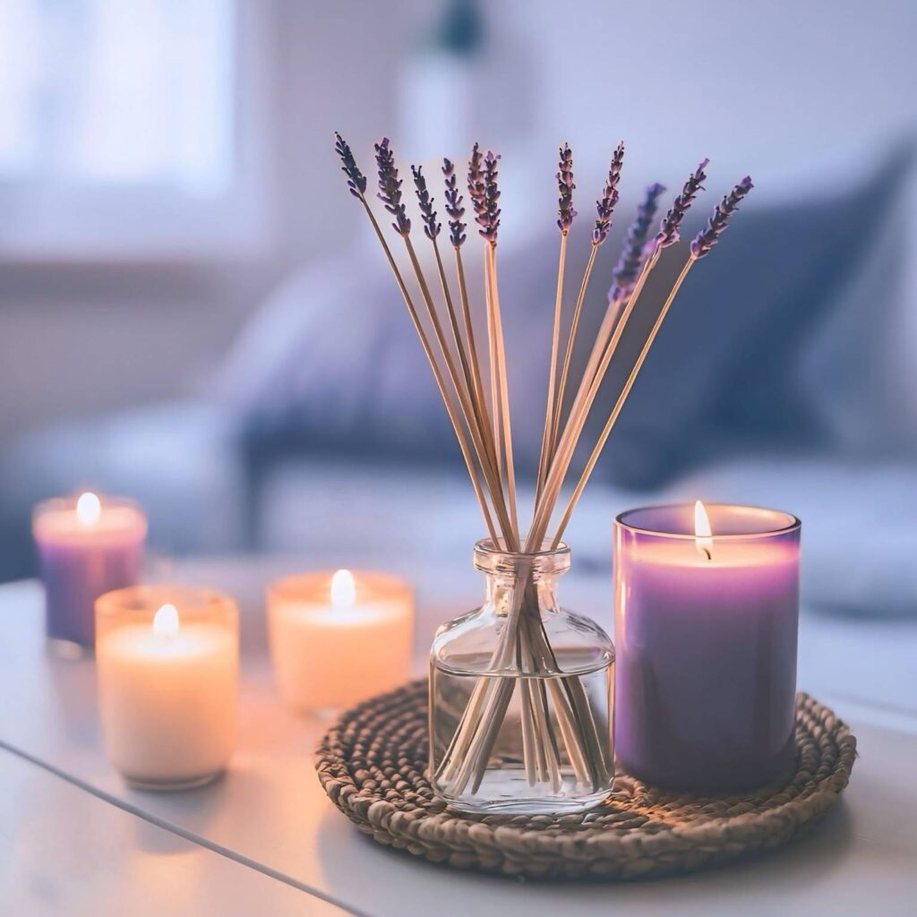 A serene scene with lavender-scented candles and diffusers on a woven tray, casting a soft, calming glow in a tranquil living space.