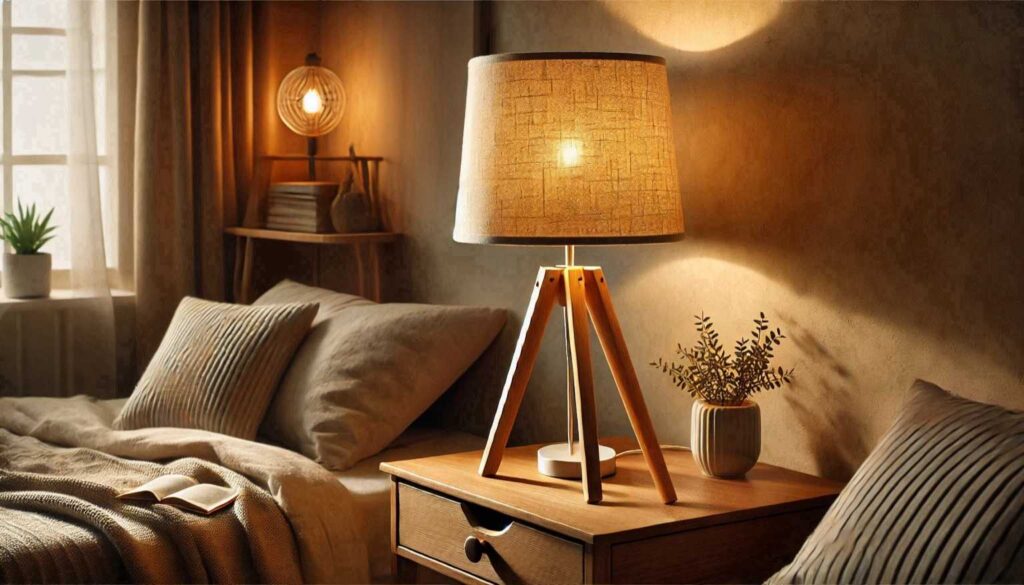 A wooden tripod lamp on a bedside table, surrounded by neutral pillows and soft, warm decor. no-save