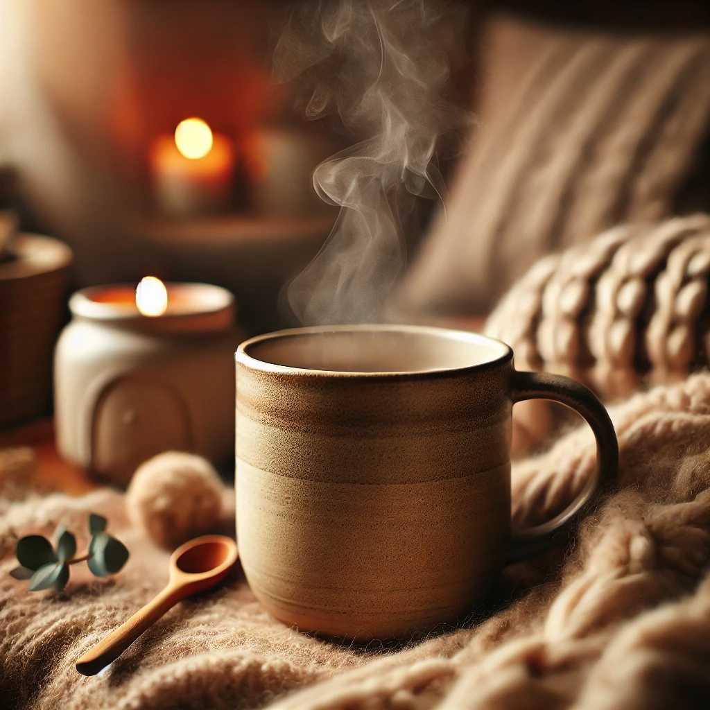 A must-have steaming ceramic mug on a soft beige blanket, with glowing candles in the background. no-save