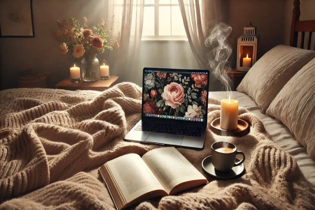 Α cozy space with a laptop, a cup of coffee, an open book, and candles, creating a relaxing atmosphere in soft light. no-save