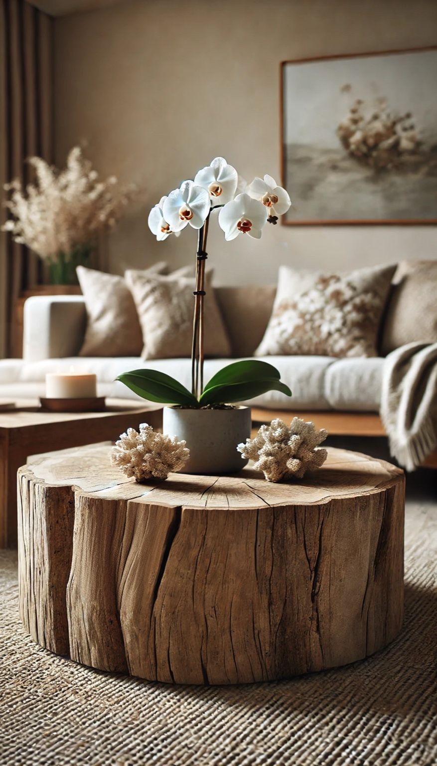 A rustic living room featuring a natural wood stump coffee table decorated with a potted white orchid and coral accents. In the background, a beige sofa is adorned with textured throw pillows and a cozy blanket, complemented by soft earthy tones and a serene wall painting, creating a warm and tranquil atmosphere. no-save