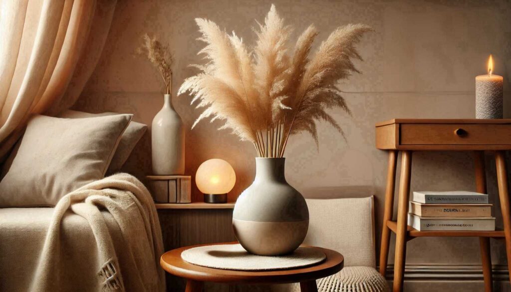 A must-have neutral vase filled with pampas grass on a wooden table, with books, a lit candle, and soft tones in the background. no-save