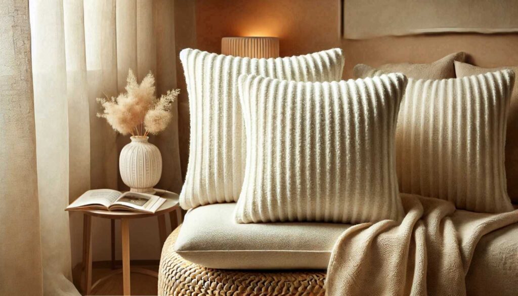 Cozy beige ribbed pillows placed on a soft neutral sofa, complemented by a textured throw blanket, a side table with an open book, and a vase filled with pampas grass. no-save